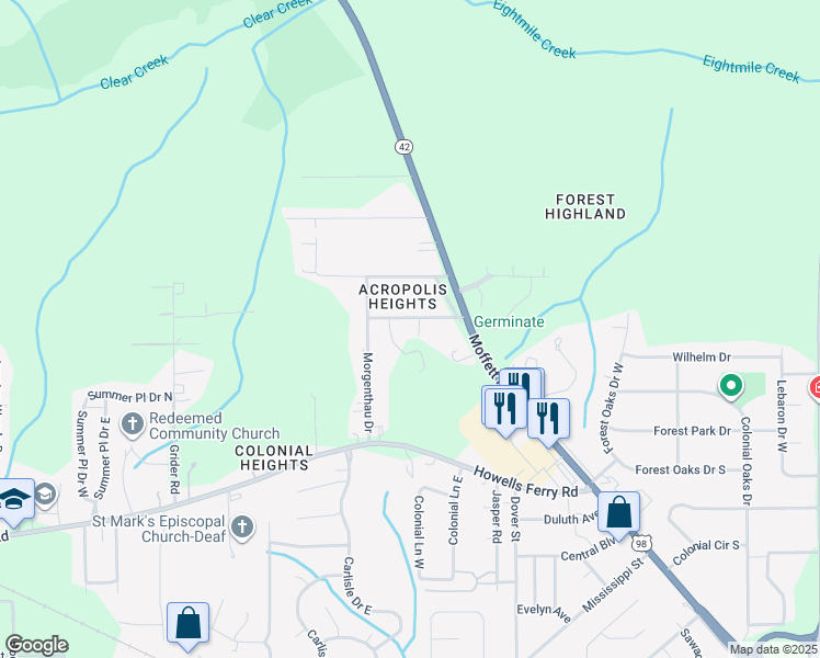 map of restaurants, bars, coffee shops, grocery stores, and more near 5801 Helen Drive in Mobile