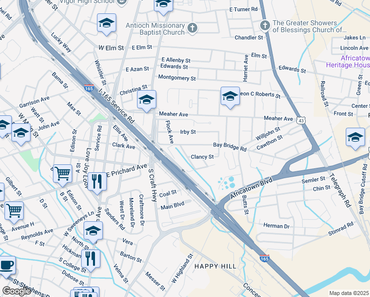 map of restaurants, bars, coffee shops, grocery stores, and more near 317 Lilly Street in Prichard