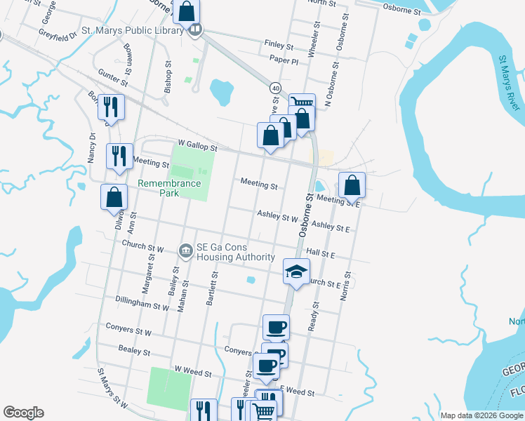 map of restaurants, bars, coffee shops, grocery stores, and more near 208 Ashley Street West in Saint Marys