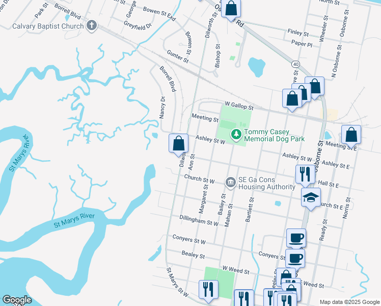 map of restaurants, bars, coffee shops, grocery stores, and more near 801 Ann Street in Saint Marys
