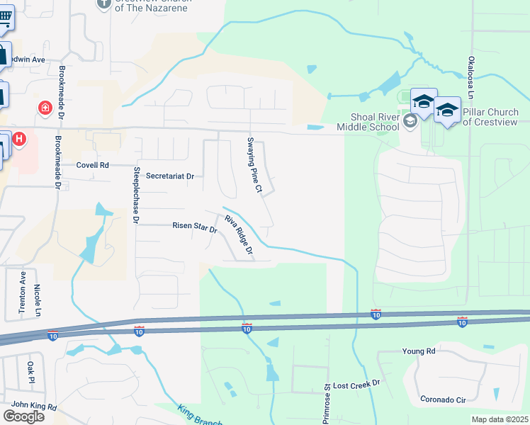 map of restaurants, bars, coffee shops, grocery stores, and more near 227 Swaying Pine Court in Crestview