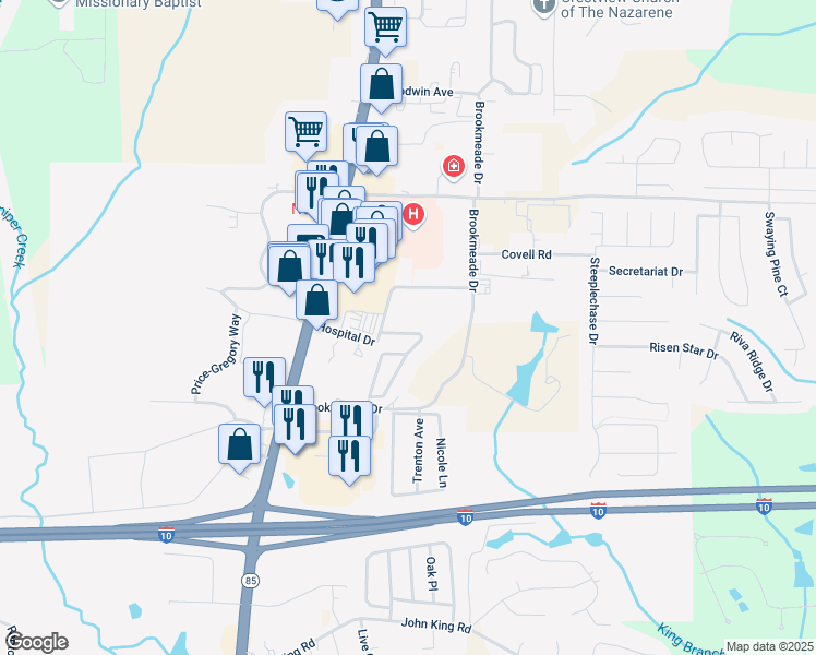 map of restaurants, bars, coffee shops, grocery stores, and more near 110 Creve Core Drive in Crestview