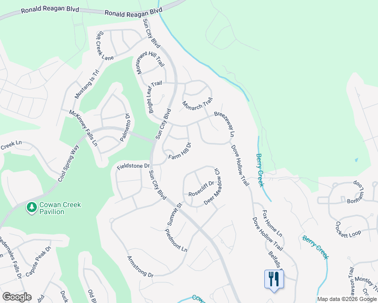 map of restaurants, bars, coffee shops, grocery stores, and more near 518 Farm Hill Drive in Georgetown