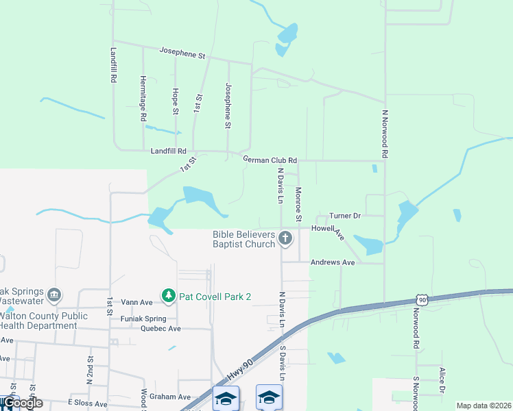 map of restaurants, bars, coffee shops, grocery stores, and more near 59 Lolley Lane in DeFuniak Springs