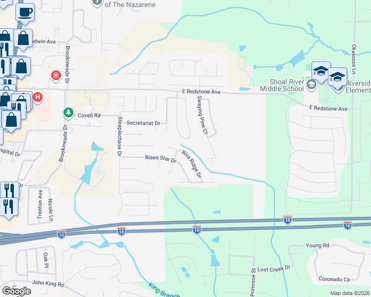 map of restaurants, bars, coffee shops, grocery stores, and more near 723 Riva Ridge Drive in Crestview