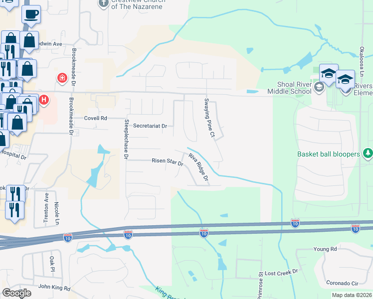 map of restaurants, bars, coffee shops, grocery stores, and more near 723 Riva Ridge Drive in Crestview