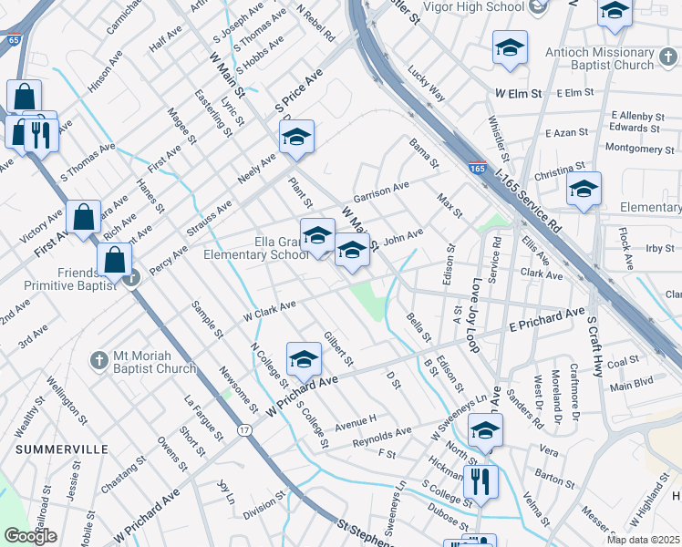 map of restaurants, bars, coffee shops, grocery stores, and more near 535 Easterling Street in Prichard