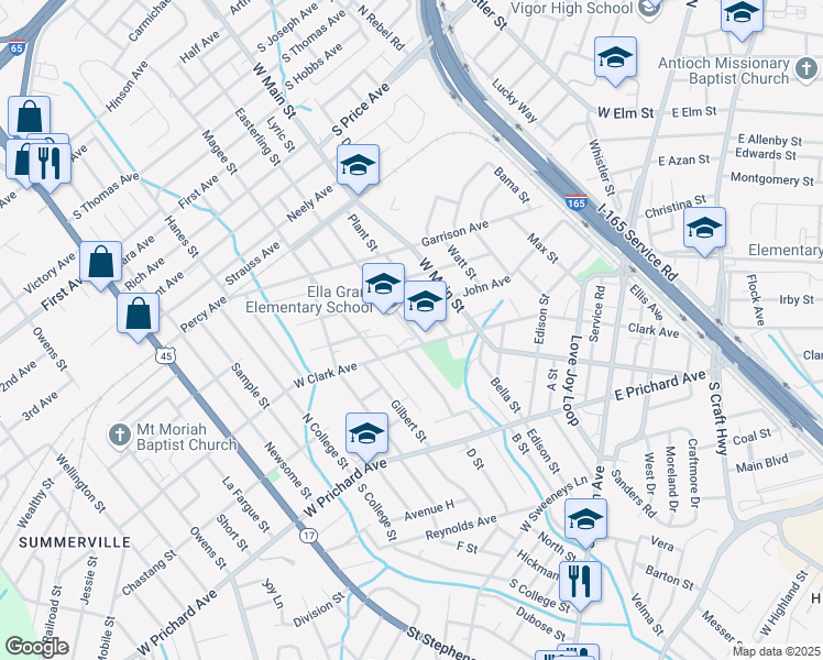 map of restaurants, bars, coffee shops, grocery stores, and more near 535 Easterling Street in Prichard