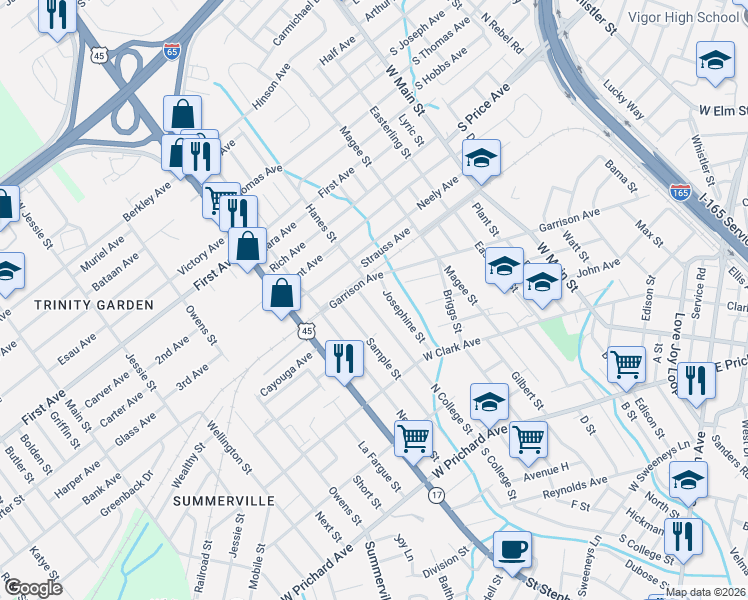 map of restaurants, bars, coffee shops, grocery stores, and more near 1050 Josephine Street in Prichard
