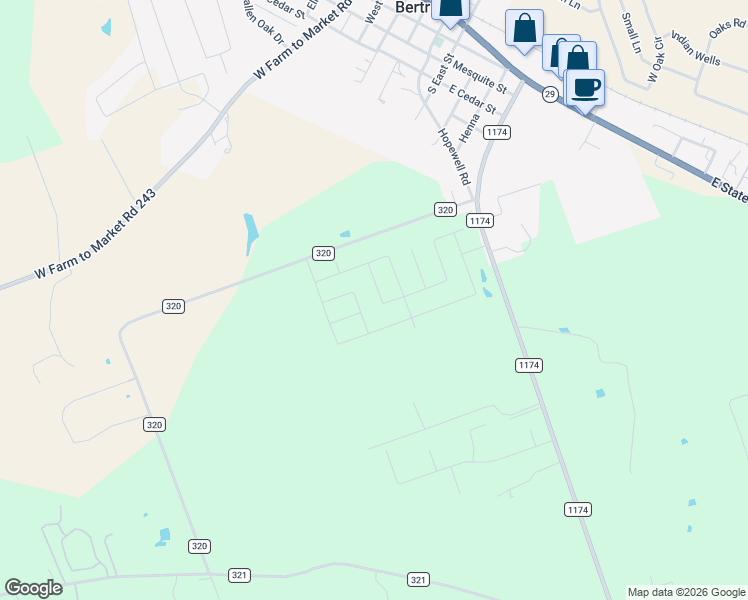 map of restaurants, bars, coffee shops, grocery stores, and more near in Bertram