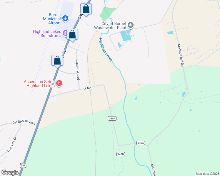map of restaurants, bars, coffee shops, grocery stores, and more near 601 County Road 340A in Burnet