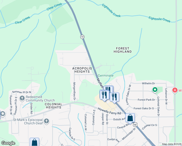 map of restaurants, bars, coffee shops, grocery stores, and more near 2110 Burchfield Street in Mobile