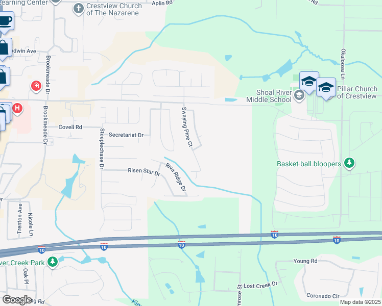 map of restaurants, bars, coffee shops, grocery stores, and more near 193 Swaying Pine Court in Crestview