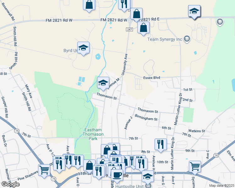 map of restaurants, bars, coffee shops, grocery stores, and more near 208 University Avenue in Huntsville