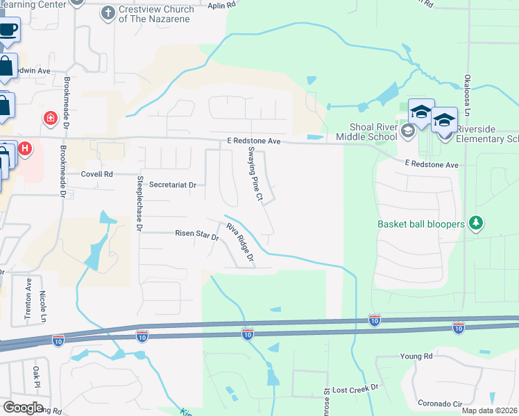 map of restaurants, bars, coffee shops, grocery stores, and more near 205 Swaying Pine Court in Crestview