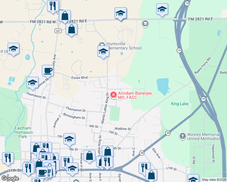 map of restaurants, bars, coffee shops, grocery stores, and more near 511A 1st Street in Huntsville