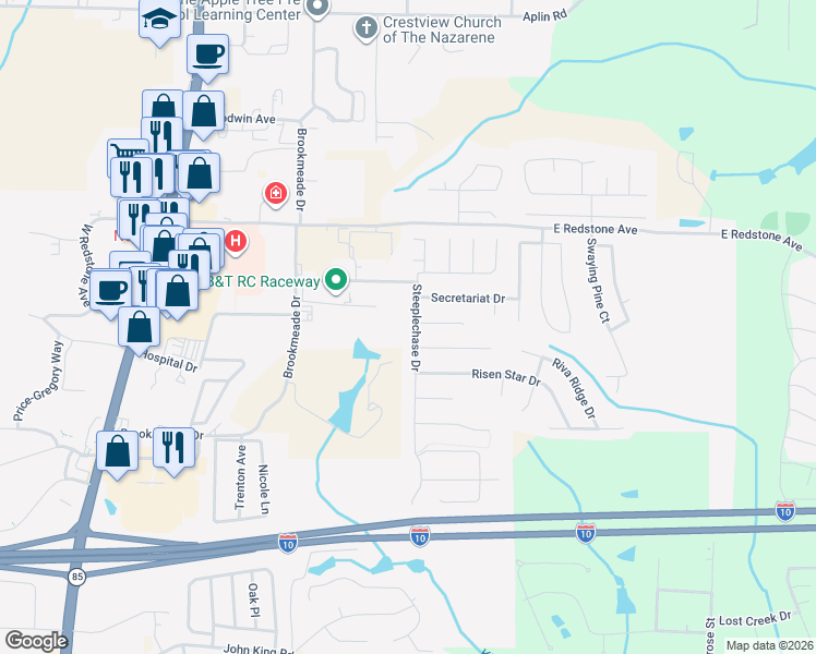 map of restaurants, bars, coffee shops, grocery stores, and more near 113 Steeplechase Drive in Crestview