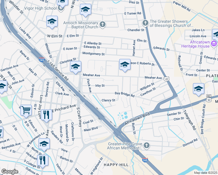 map of restaurants, bars, coffee shops, grocery stores, and more near 410 Irby St in Prichard