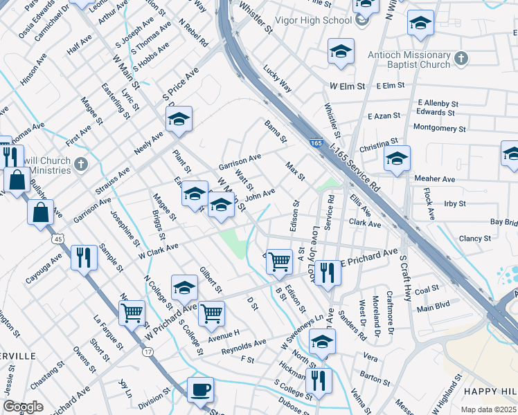 map of restaurants, bars, coffee shops, grocery stores, and more near 414 Hill Ave in Prichard