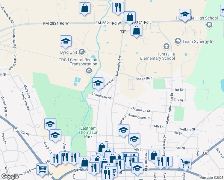 map of restaurants, bars, coffee shops, grocery stores, and more near 211 University Avenue in Huntsville