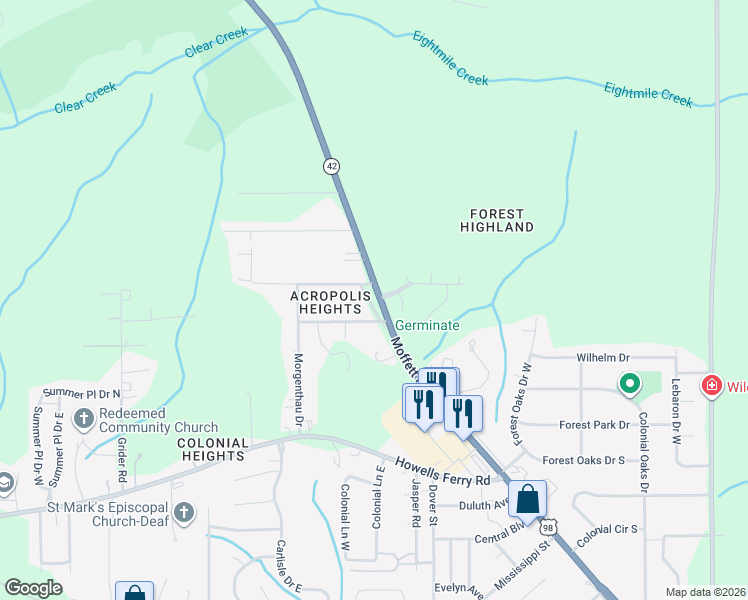 map of restaurants, bars, coffee shops, grocery stores, and more near 2110 Burchfield Street in Mobile