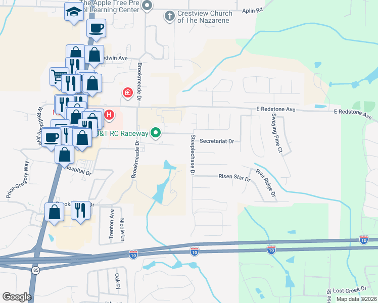 map of restaurants, bars, coffee shops, grocery stores, and more near 113 Steeplechase Drive in Crestview