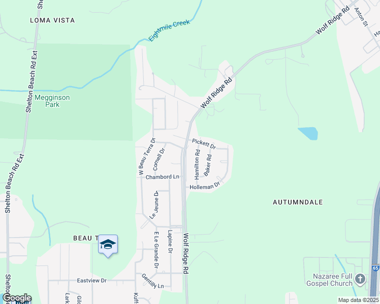 map of restaurants, bars, coffee shops, grocery stores, and more near 2132 Wolf Ridge Road in Mobile