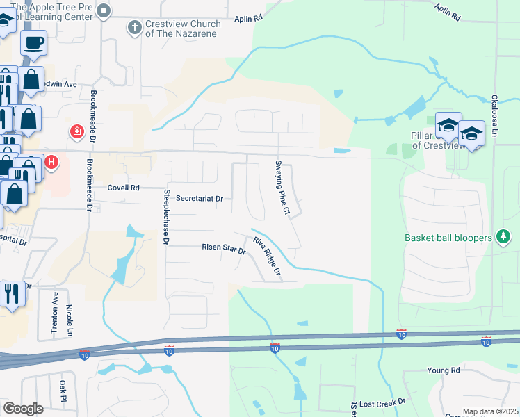 map of restaurants, bars, coffee shops, grocery stores, and more near 239 Limestone Circle in Crestview