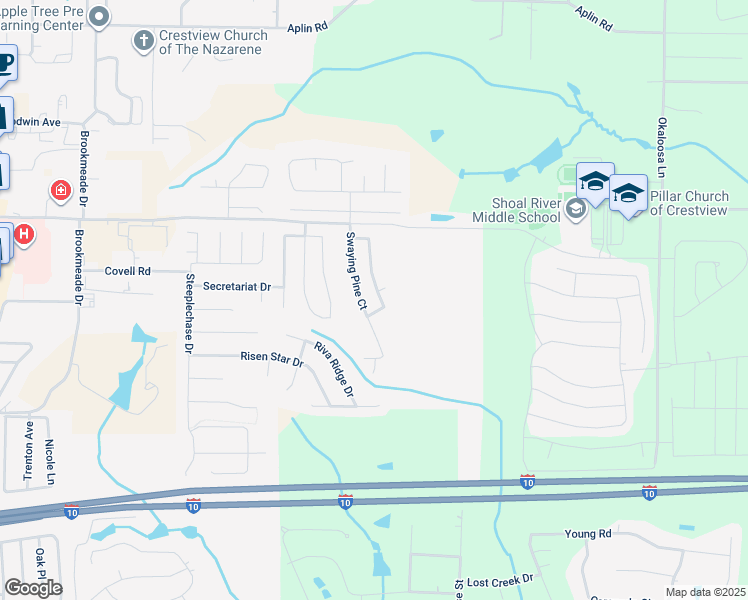 map of restaurants, bars, coffee shops, grocery stores, and more near 422 Crooked Pine Trail in Crestview