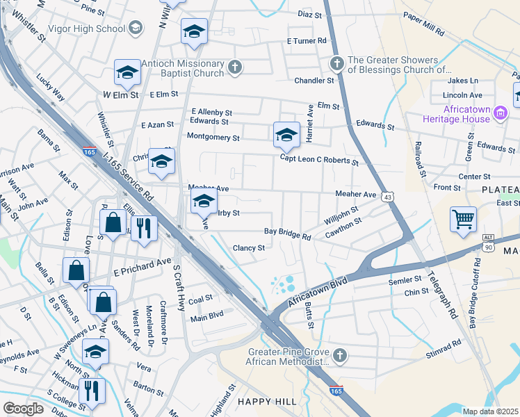 map of restaurants, bars, coffee shops, grocery stores, and more near 410 Irby Street in Prichard