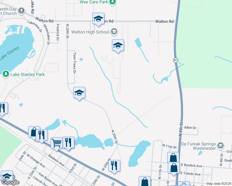 map of restaurants, bars, coffee shops, grocery stores, and more near 506 N 20th St in DeFuniak Springs