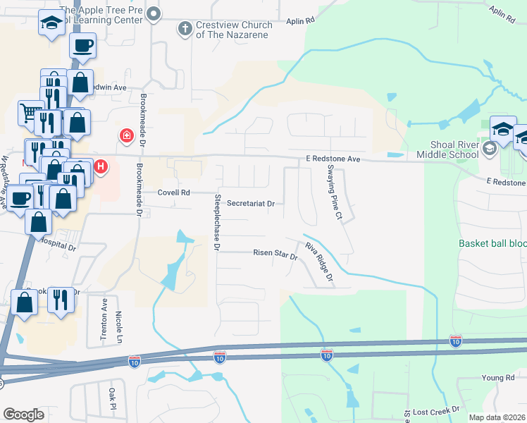 map of restaurants, bars, coffee shops, grocery stores, and more near 223 Sea Hero Lane North in Crestview
