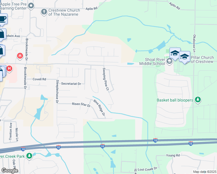 map of restaurants, bars, coffee shops, grocery stores, and more near 184 Swaying Pine Court in Crestview