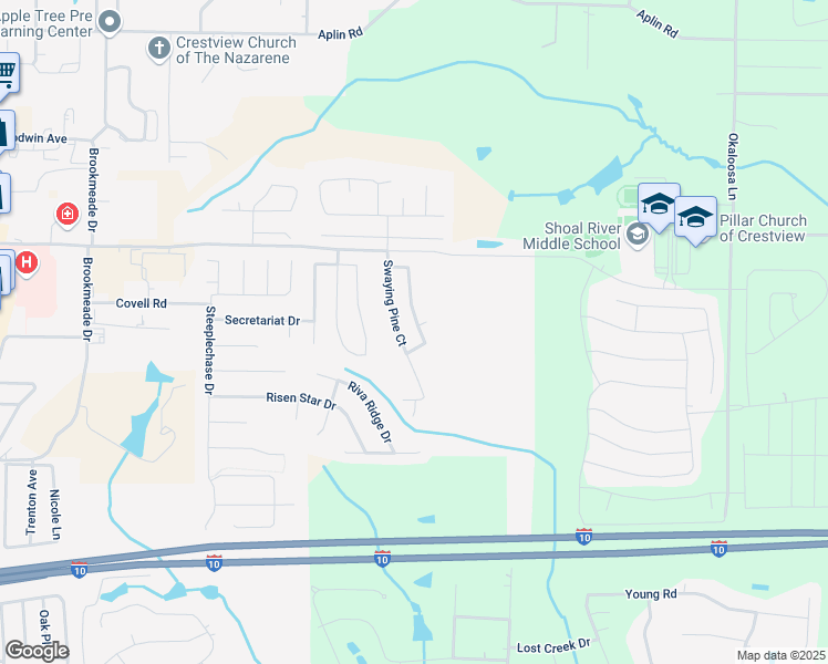 map of restaurants, bars, coffee shops, grocery stores, and more near 393 Crooked Pine Trail in Crestview