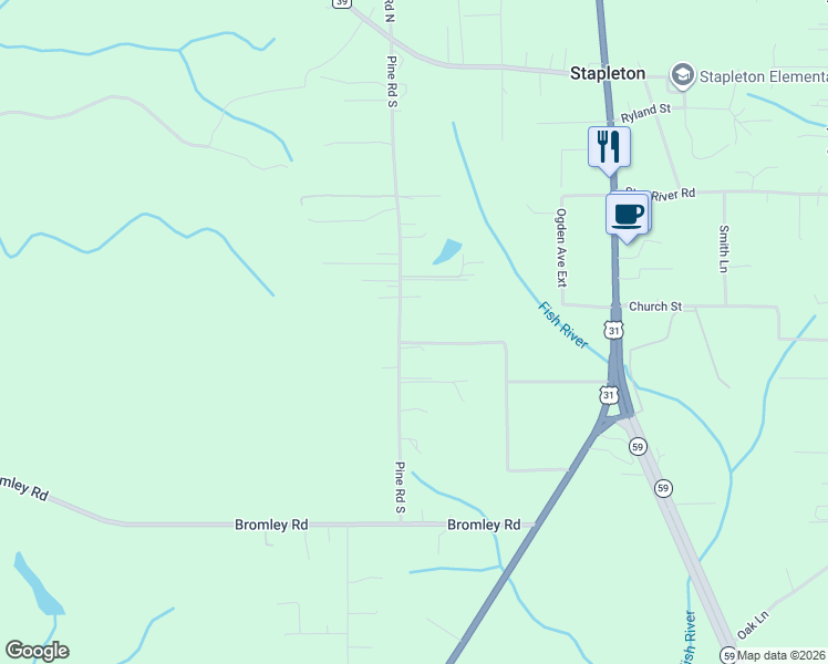 map of restaurants, bars, coffee shops, grocery stores, and more near 34880 Pine Road South in Stapleton