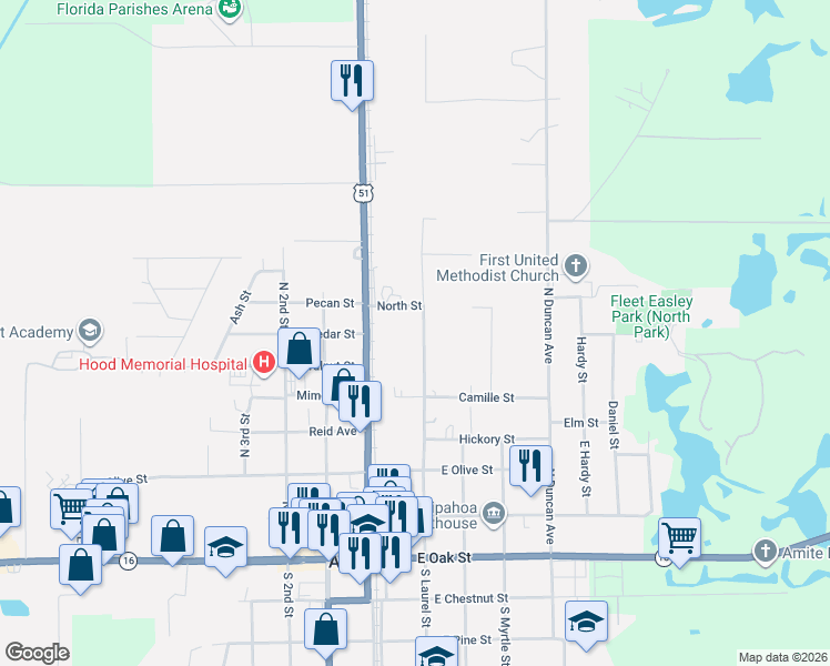 map of restaurants, bars, coffee shops, grocery stores, and more near 517 North Laurel Street in Amite City