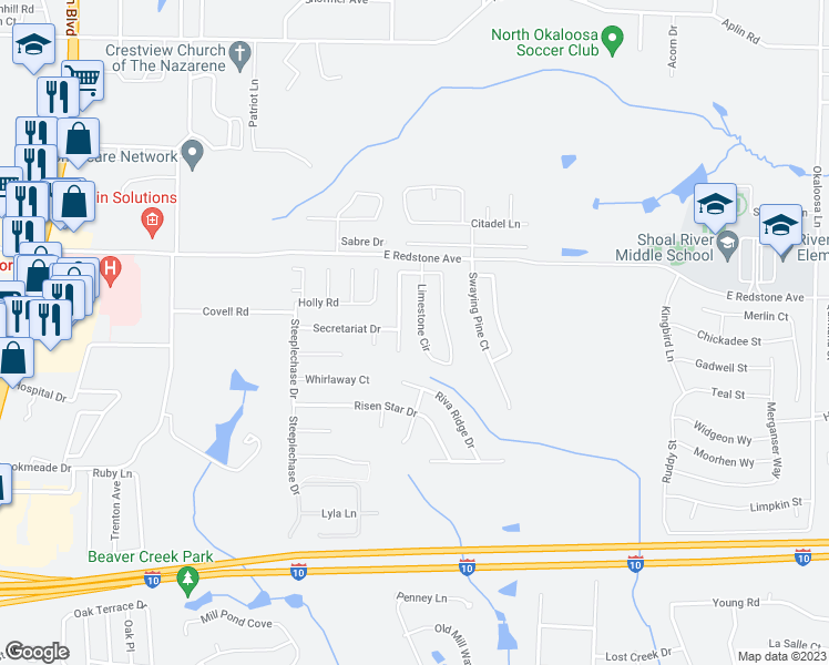 map of restaurants, bars, coffee shops, grocery stores, and more near 276 Limestone Circle in Crestview