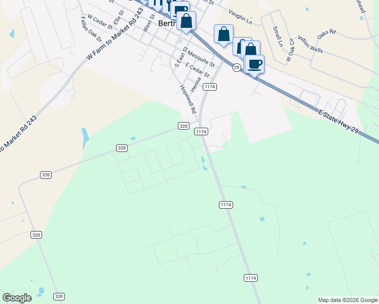 map of restaurants, bars, coffee shops, grocery stores, and more near 425 Farm to Market 1174 in Bertram