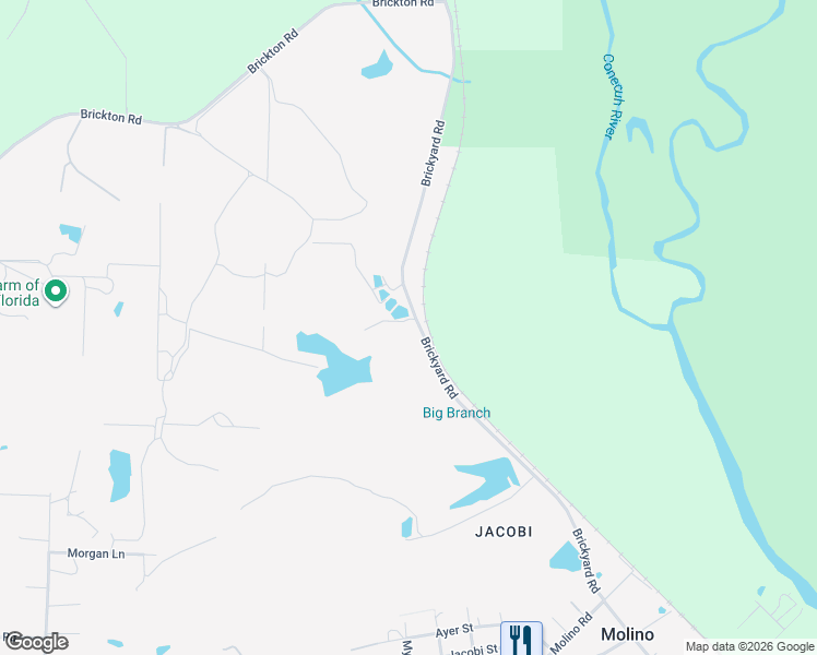 map of restaurants, bars, coffee shops, grocery stores, and more near 7309 Brickyard Road in Molino