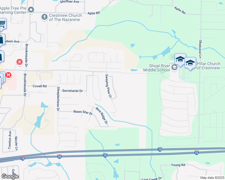 map of restaurants, bars, coffee shops, grocery stores, and more near 364 Crooked Pine Trail in Crestview