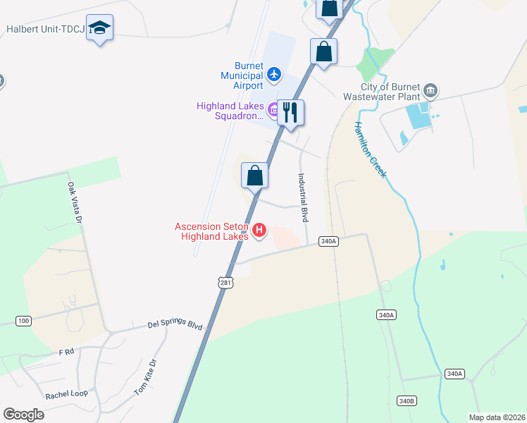 map of restaurants, bars, coffee shops, grocery stores, and more near 101 John Kelly Drive in Burnet