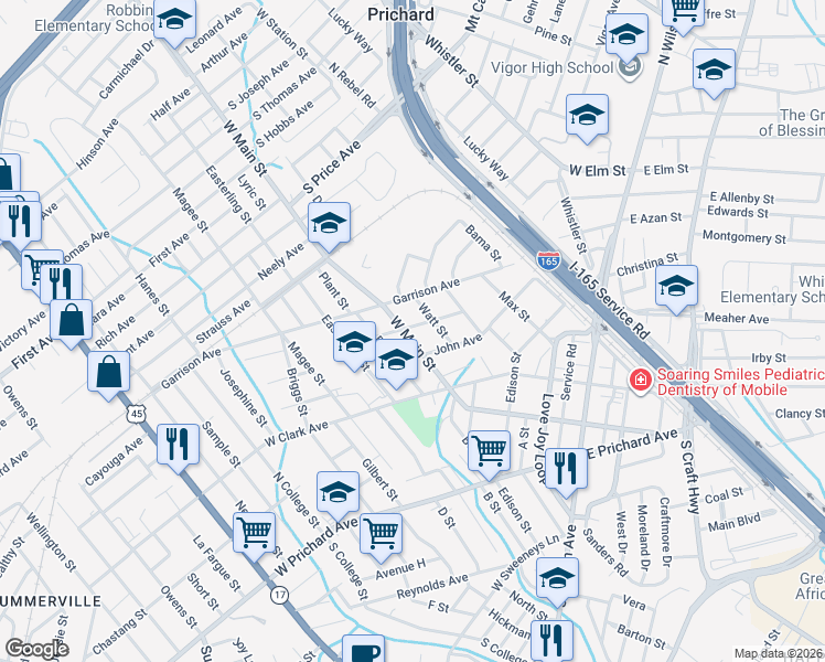 map of restaurants, bars, coffee shops, grocery stores, and more near 416 Dayton Avenue in Prichard