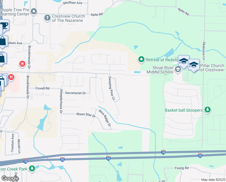 map of restaurants, bars, coffee shops, grocery stores, and more near 147 Swaying Pine Court in Crestview