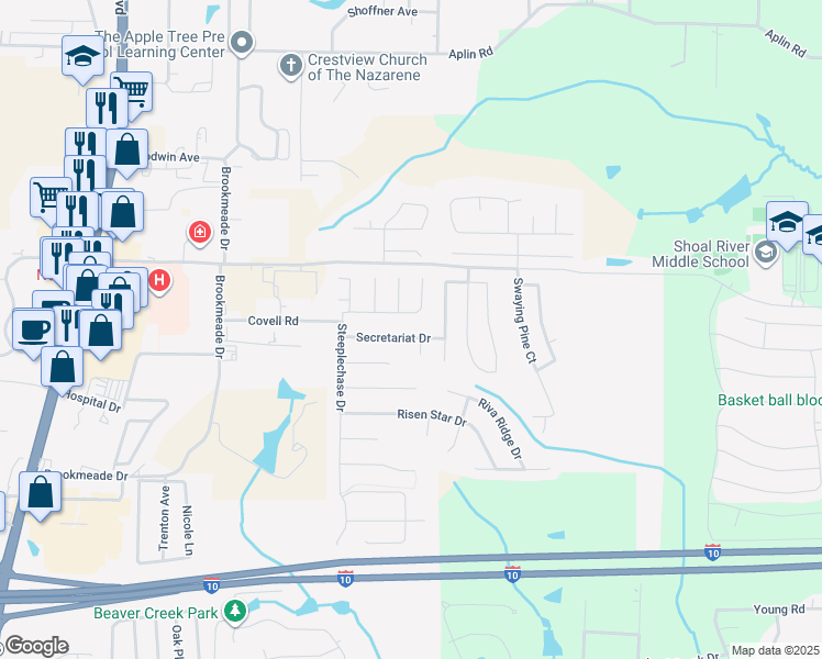 map of restaurants, bars, coffee shops, grocery stores, and more near 222 Secretariat Drive in Crestview