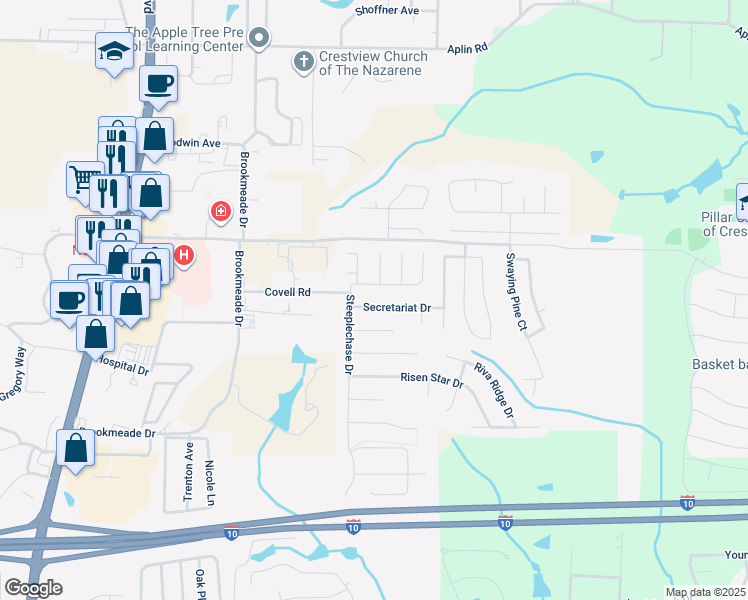 map of restaurants, bars, coffee shops, grocery stores, and more near 208 Secretariat Drive in Crestview