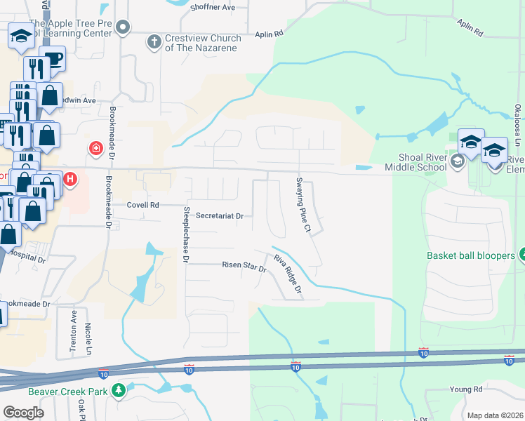 map of restaurants, bars, coffee shops, grocery stores, and more near 225 Limestone Circle in Crestview