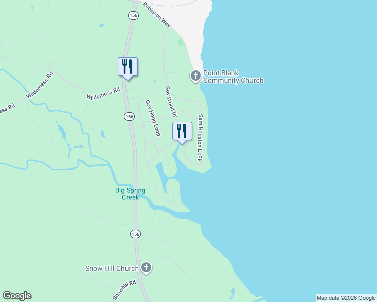 map of restaurants, bars, coffee shops, grocery stores, and more near 640 Sam Houston Loop in Point Blank