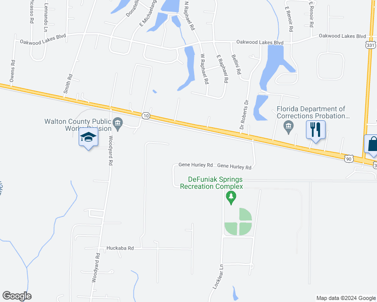 map of restaurants, bars, coffee shops, grocery stores, and more near 286 Gene Hurley Road in DeFuniak Springs