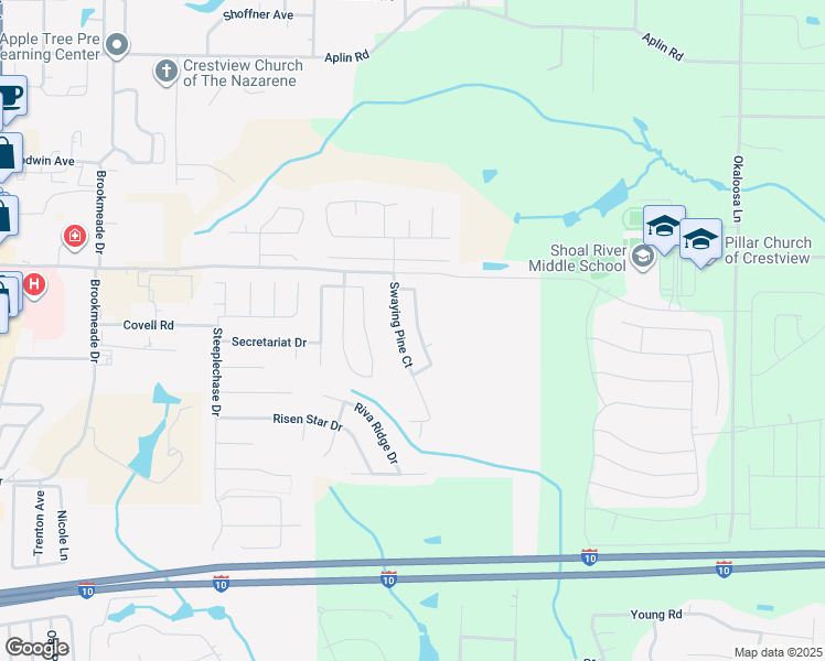 map of restaurants, bars, coffee shops, grocery stores, and more near 364 Crooked Pine Trail in Crestview