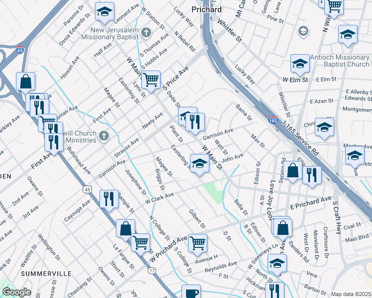 map of restaurants, bars, coffee shops, grocery stores, and more near 610 Garrison Avenue in Prichard